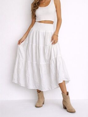 Dazy White Tiered Midi Skirt Boho Coastal Cottagecore Smocked Waist Flowy Summer